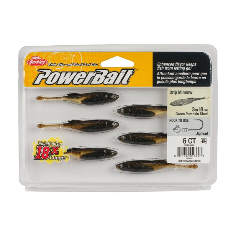 Berkley PowerBaitDripMinnow GreenPumpkinShad 3in PKG