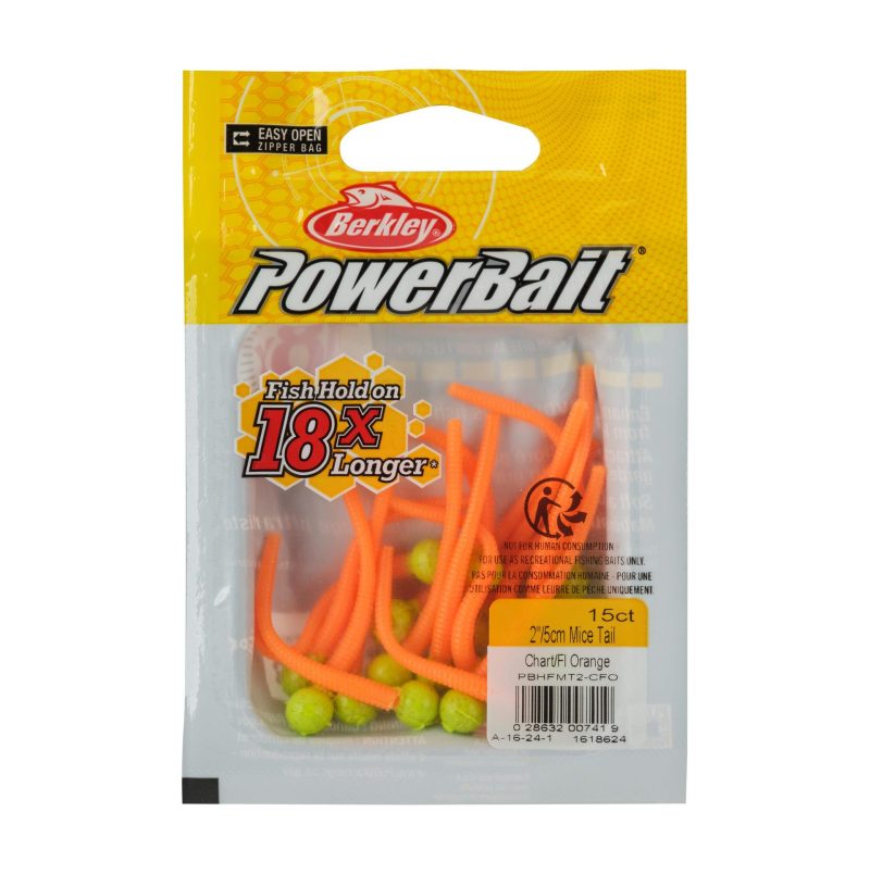 Berkley PowerBaitFloatingMiceTails Chartreuse FluorescentOrange 2in PKG